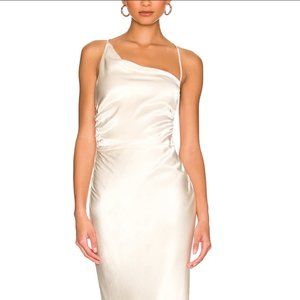 La Lune Asymmetrical Bias Cowl Midi Dress in Nude